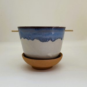 Cuenco de Cerámica Gres con Colador Blanco y Celeste